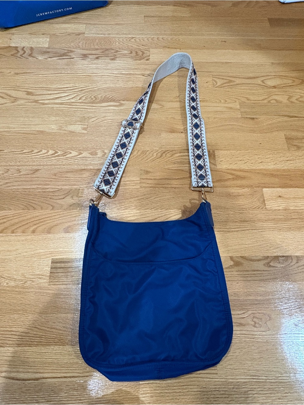 Ahdorned Navy Crossbody Bag with Patterned Adjustable Strap